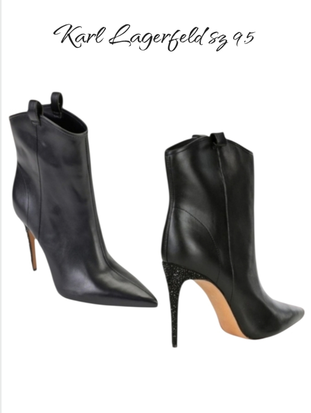 Karl Lagerfeld Paris Clea Black Leather Embellished Stiletto Ankle Boots